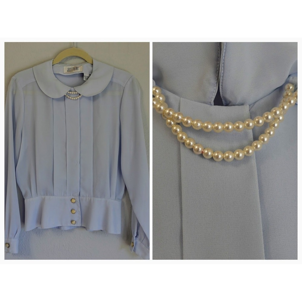 Vintage Blouse Womens 6 Baby Blue Peter Pan Pearl Coquette French Girl‎ Feminine